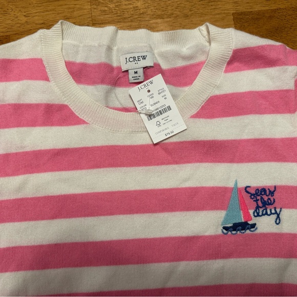 NWT J. Crew Pink White Striped Pullover Sweater ‘Seas The Day’ Size Medium - Picture 7 of 7